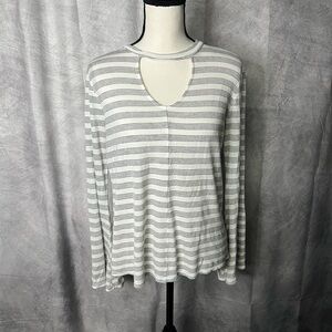 Apt. 9 Striped Long Bell Sleeve Gray and White Keyhole Neck Top - MED
